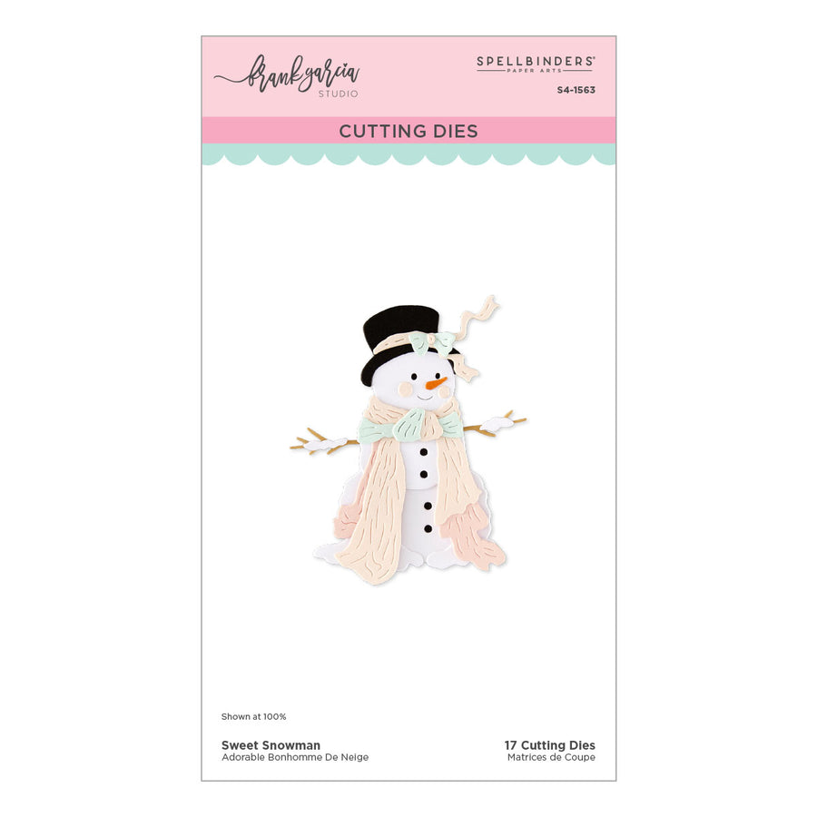 A package of Spellbinders Paper Arts cutting dies called Sweet Snowman designed by Franl Garcia and features a cute snowman design. The packaging is white with a pink header and a light blue scalloped stripe, displaying a die-cut illustration of a snowman wearing a black top hat, peach scarf, and mint green scarf.