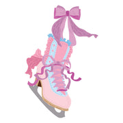 A stylized illustration of a pink ice skate boot with a large purple bow, purple ribbon laces, and light blue trim, shown on a plain white background.