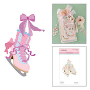A decorative pink ice skate illustration with a large purple bow, shown alongside a styled product photo of matching embellished packaging and a package card labeled Spellbinders Frosty Skates Etched Dies by Frank Garcia