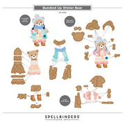 A product layout sheet for a 'Bundled Up Winter Bear' paper craft kit by Spellbinders Paper Arts, showing all the individual brown cardboard cut-out pieces of a teddy bear and its winter clothing accessories on a white background with printed labels.