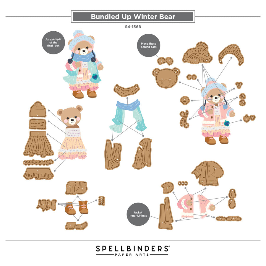 A product layout sheet for a 'Bundled Up Winter Bear' paper craft kit by Spellbinders Paper Arts, showing all the individual brown cardboard cut-out pieces of a teddy bear and its winter clothing accessories on a white background with printed labels.