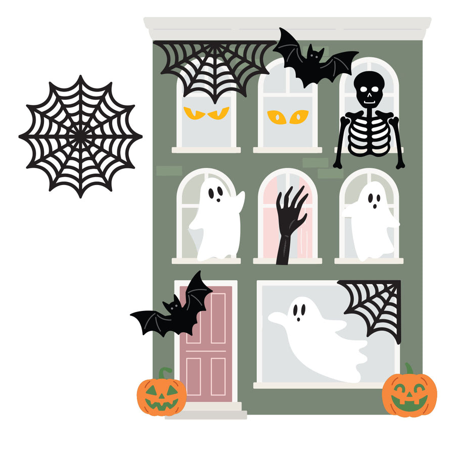 Halloween-themed vector illustration of a two-story house decorated with black spiderwebs, bats, a skeleton, ghosts, a hand, and jack-o'-lantern pumpkins on a white background.