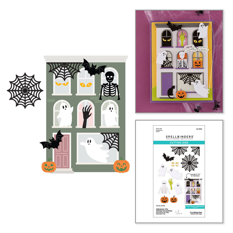 Halloween-themed Spellbinders card set featuring a haunted house card with ghosts, bats, spiders, and jack-o'-lanterns, a purple window card, and a package insert sheet.