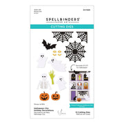 Spellbinders Paper Arts Halloween City Cutting Dies package, featuring 13 die-cut templates for Halloween decorations including ghosts, skeletons, pumpkins, spiderwebs, and a haunted house.