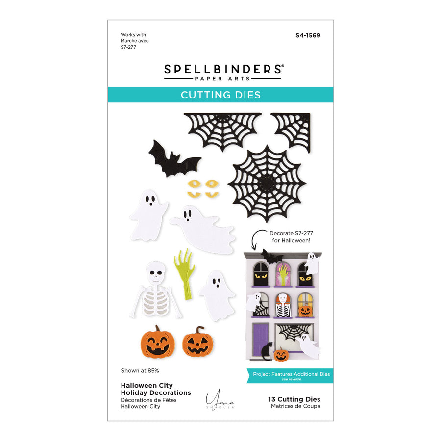 Spellbinders Paper Arts Halloween City Cutting Dies package, featuring 13 die-cut templates for Halloween decorations including ghosts, skeletons, pumpkins, spiderwebs, and a haunted house.
