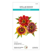 Front of a Spellbinders Paper Arts Cutting Dies package showing four decorative flower dies called Helenium and Ladybugs with red, yellow, and burgundy blooms and green leaves on a white background .