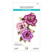 Spellbinders Paper Arts Cutting Dies product card for Lisianthus, showing three finished pink and purple flowers with green leaves on a white background.
