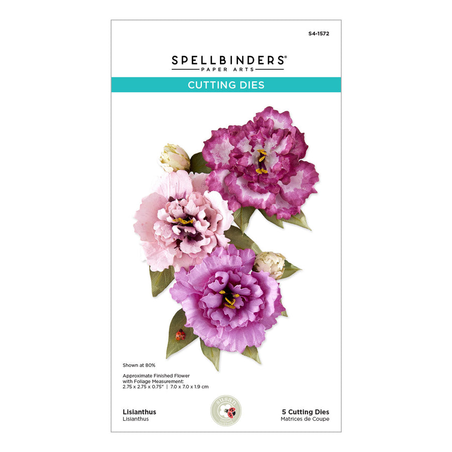 Spellbinders Paper Arts Cutting Dies product card for Lisianthus, showing three finished pink and purple flowers with green leaves on a white background.