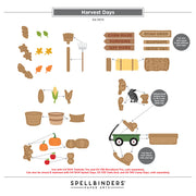 A product instruction sheet from Spellbinders Paper Arts titled 'Harvest Days' showing multiple small illustrated components and assembly connections for a fall-themed craft set. The sheet includes wood-toned signs, leaves, acorns, a rake, a corn cob, pumpkins, buckets, a green tractor, and other autumn motifs, with arrows and labels explaining how pieces fit together.