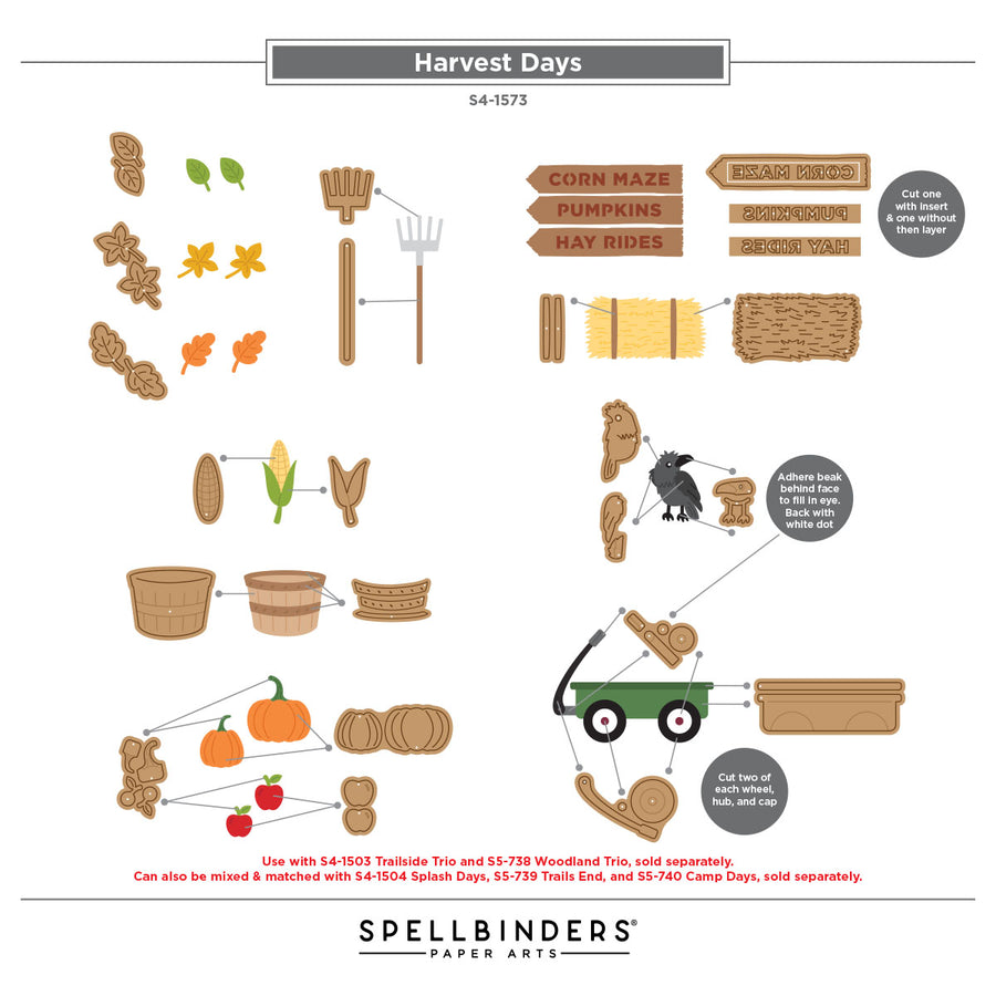A product instruction sheet from Spellbinders Paper Arts titled 'Harvest Days' showing multiple small illustrated components and assembly connections for a fall-themed craft set. The sheet includes wood-toned signs, leaves, acorns, a rake, a corn cob, pumpkins, buckets, a green tractor, and other autumn motifs, with arrows and labels explaining how pieces fit together.