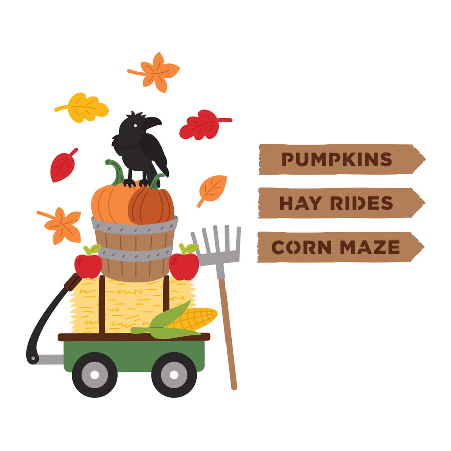 A flat vector illustration of a fall harvest scene featuring a green wagon with a hay bale, corn, and pumpkins, topped with a black raven. Falling autumn leaves surround the wagon, and three wooden signs on the right read 'PUMPKINS', 'HAY RIDES', and 'CORN MAZE'. Spellbinders Harvest Days Etched Dies by Allison Frazier