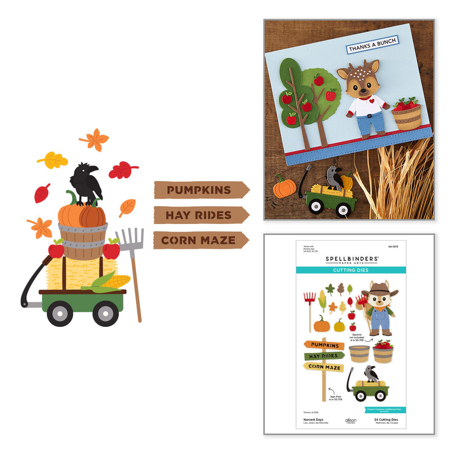 Fall-themed cutting dies and card design shown on a white background, including a cartoon wagon with pumpkins, corn, fall leaves, a crow, and autumn signs, plus a sample card and a printed sheet labeled Spellbinders Harvest Days Etched Dies by Allison Frazier.