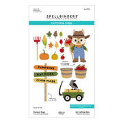 Spellbinders by Alison Fraser 'Harvest Days' cutting dies product packaging, showing illustrated die sets and sample cutout designs including a squirrel, pumpkins, signs, baskets, and a wagon on a white background with teal accents.