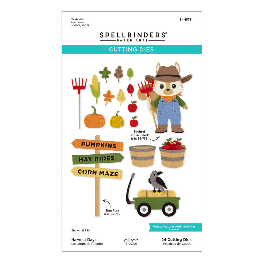 Spellbinders by Alison Fraser 'Harvest Days' cutting dies product packaging, showing illustrated die sets and sample cutout designs including a squirrel, pumpkins, signs, baskets, and a wagon on a white background with teal accents.