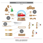 A product instruction sheet for a 'Holiday Truck Scene' by Spellbinders Paper Arts, showing various wooden craft pieces and assembly steps for a miniature red truck snow globe and holiday decorations.