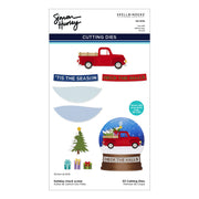 Spellbinders by Simon Hurley holiday truck scene cutting dies sheet, featuring a red pickup truck with a Christmas load, snow globe scene, tree, gifts, and holiday text decals on a white card. Spellbinders Holiday Truck Scene Etched Dies by Simon Hurley