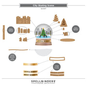 Instruction diagram for creating a 'City Skating Scene' snow globe decoration kit by Spellbinders Paper Arts, showing step-by-step assembly with labeled parts and assembly arrows. Spellbinders City Skating Scene Etched Dies by Simon Hurley