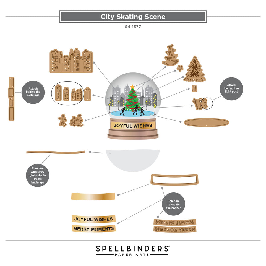 Instruction diagram for creating a 'City Skating Scene' snow globe decoration kit by Spellbinders Paper Arts, showing step-by-step assembly with labeled parts and assembly arrows. Spellbinders City Skating Scene Etched Dies by Simon Hurley