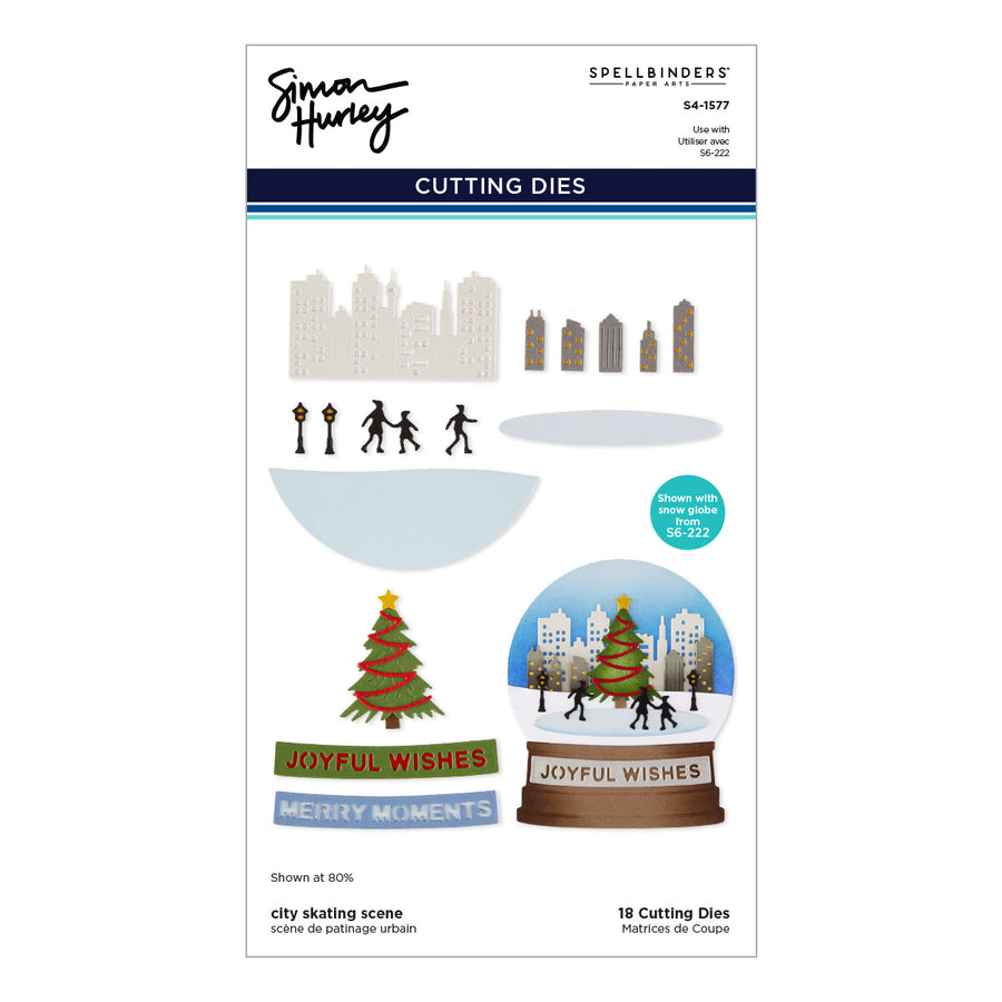 Spellbinders City Skating Scene Etched Dies by Simon Hurley sheet, showing 18 different die-cut shapes including a city skyline, figures, a skating scene in a snow globe, and holiday decorations.