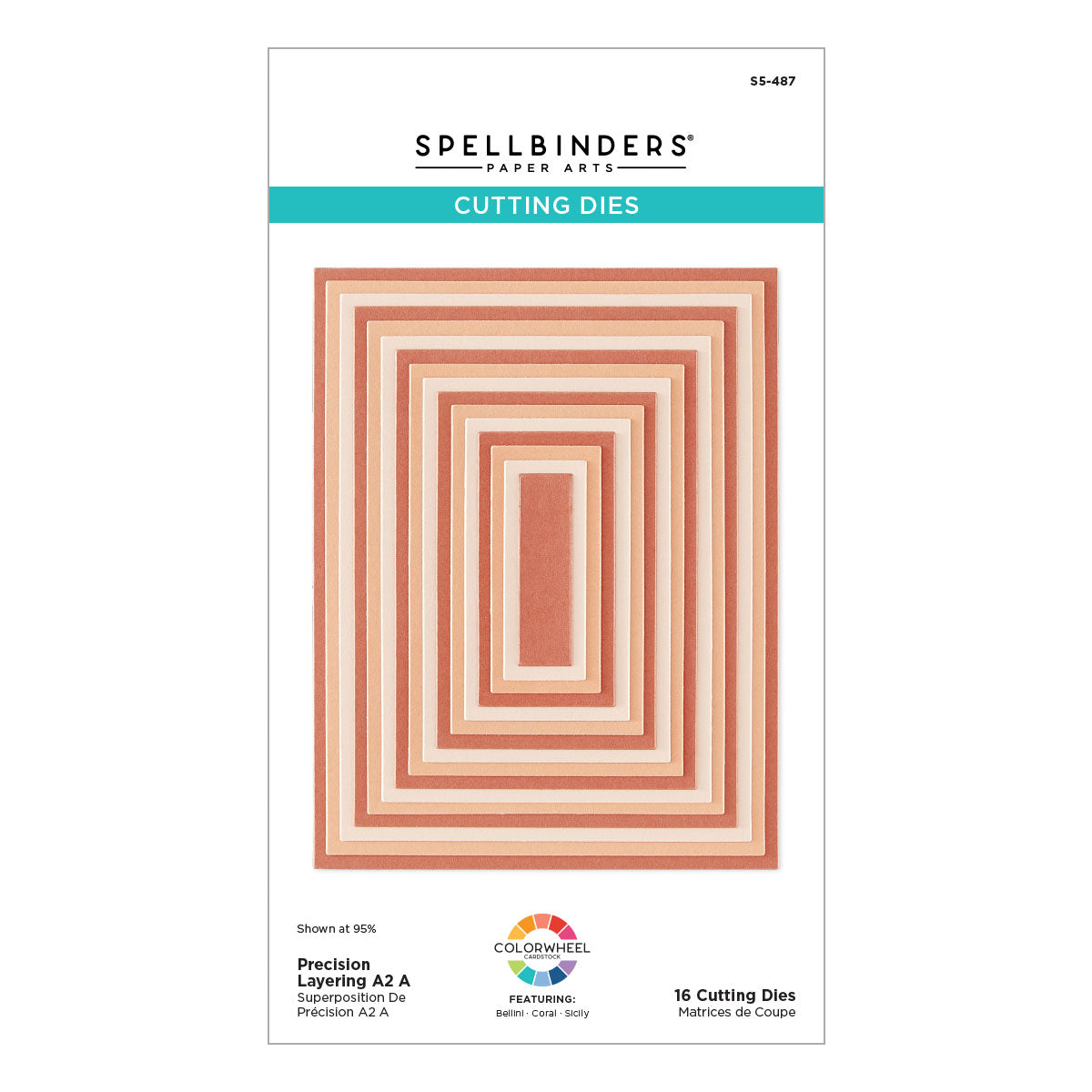 Spellbinders Paper Arts Precision Layering A2 A Cutting Dies package, featuring concentric square die-cut patterns in peach, pink, and cream on a white background.
