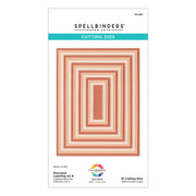 Spellbinders Paper Arts Precision Layering A2 A Cutting Dies package, featuring concentric square die-cut patterns in peach, pink, and cream on a white background.