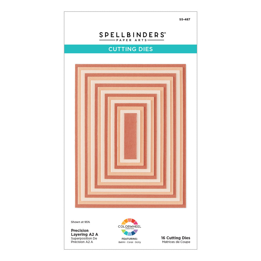 Spellbinders Paper Arts Precision Layering A2 A Cutting Dies package, featuring concentric square die-cut patterns in peach, pink, and cream on a white background.