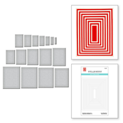 A set of die-cutting templates for scrapbooking and card making, including various rectangular metal plates and a packaged template set with red concentric square designs. Spellbinders Precision Layering Basics, A2 A 