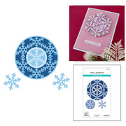 Snowflake design products including a blue snowflake die, a card with a snowflake pattern, and a Spellbinders cutting die set on a white background.