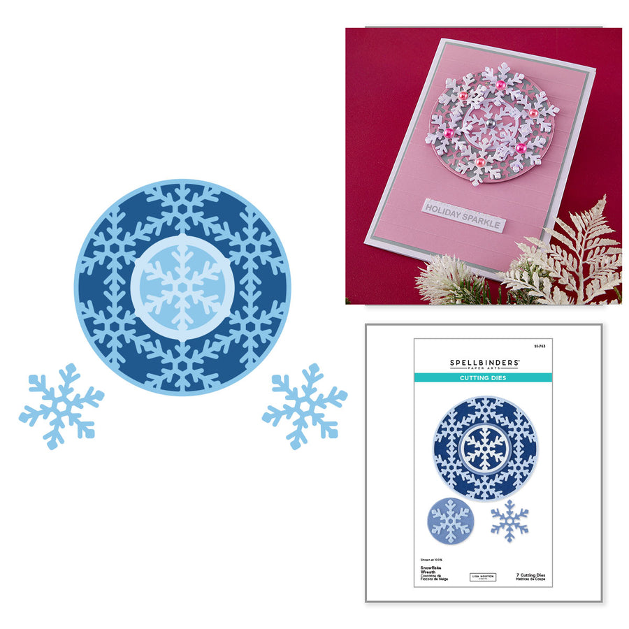 Snowflake design products including a blue snowflake die, a card with a snowflake pattern, and a Spellbinders cutting die set on a white background.