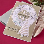Christmas card with snowflake design and text on a red background
