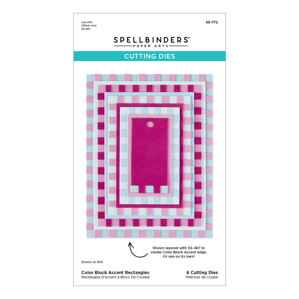 Spellbinders Paper Arts Color Block Accent Rectangles Cutting Dies pattern package, featuring a color block accent design in pink, light blue, white, and magenta.
