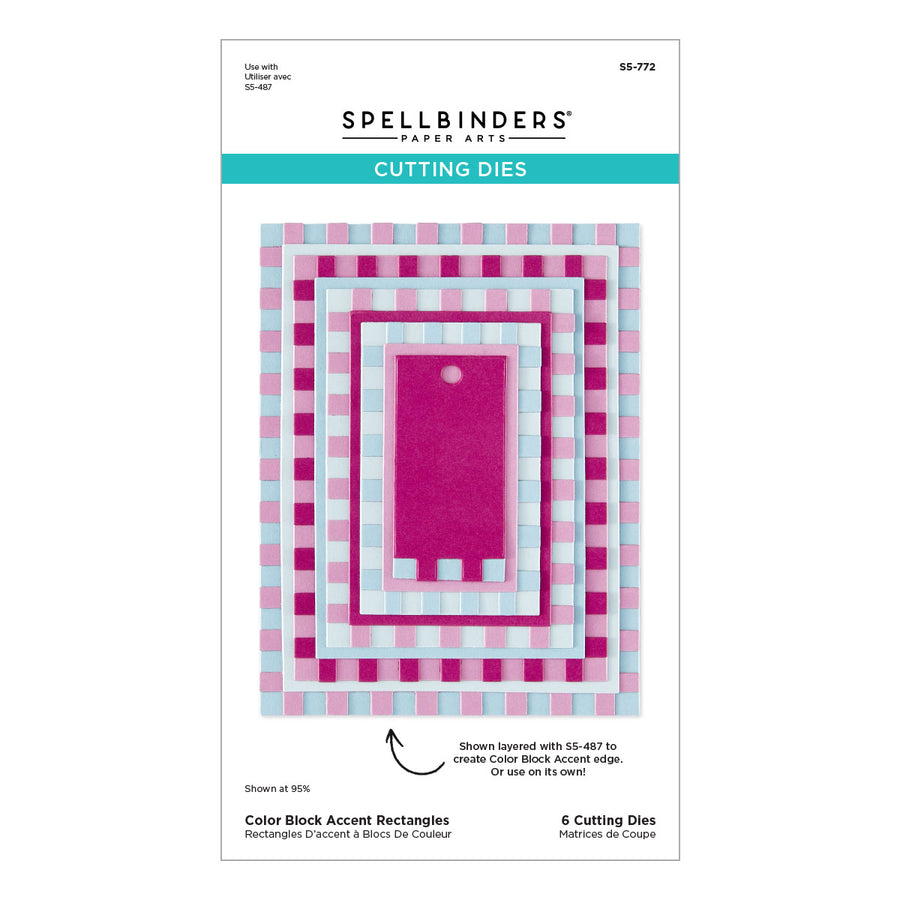 Spellbinders Paper Arts Color Block Accent Rectangles Cutting Dies pattern package, featuring a color block accent design in pink, light blue, white, and magenta.