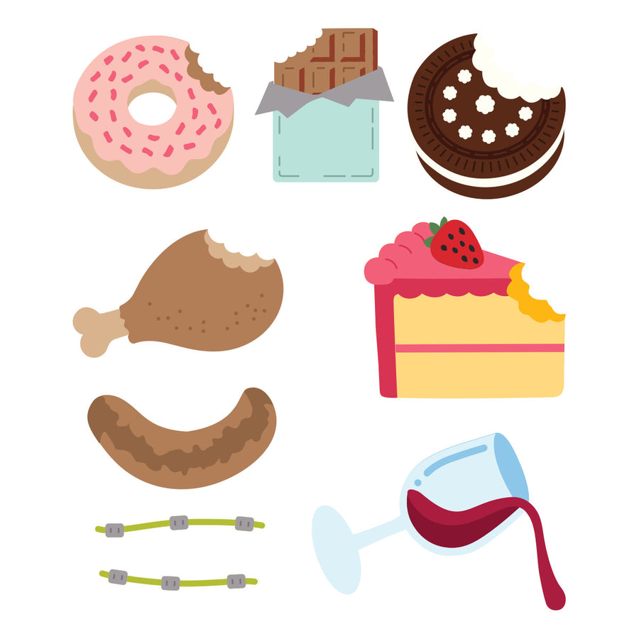 A set of flat vector illustrations of various food items and accessories, including a pink donut with sprinkles, a chocolate bar, a chocolate cookie, a chicken leg, a slice of cake with a strawberry, two green bracelets, and a glass of red wine, all arranged on a plain white background. Spellbinders One More Bite Etched Dies