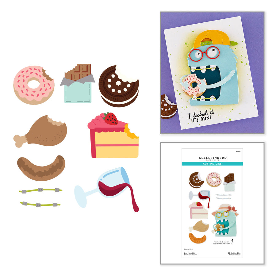 A sheet of cute food-themed sticker designs shown alongside a printed example card and packaging insert on a white background. The designs include donuts, chocolate pieces, a chicken leg, a slice of cake, sausage, straws, and a wine glass, with one example card featuring a blue monster holding a donut and the text 'I licked it - it's mine'. Spellbinders One More Bite Etched Dies