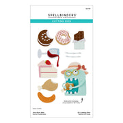 Spellbinders One More Bite Etched Dies (SS-978) featuring 30 cutting dies for crafting, including illustrations of a monster, cake, drink, and food items, on a white background.