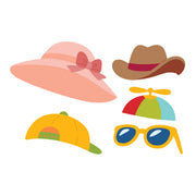 A set of flat vector illustrations of summer accessories on a white background, including a pink sun hat with a bow, a brown cowboy hat, a yellow baseball cap, a multicolor propeller hat, and yellow sunglasses. Spellbinders Top It Off Etched Dies