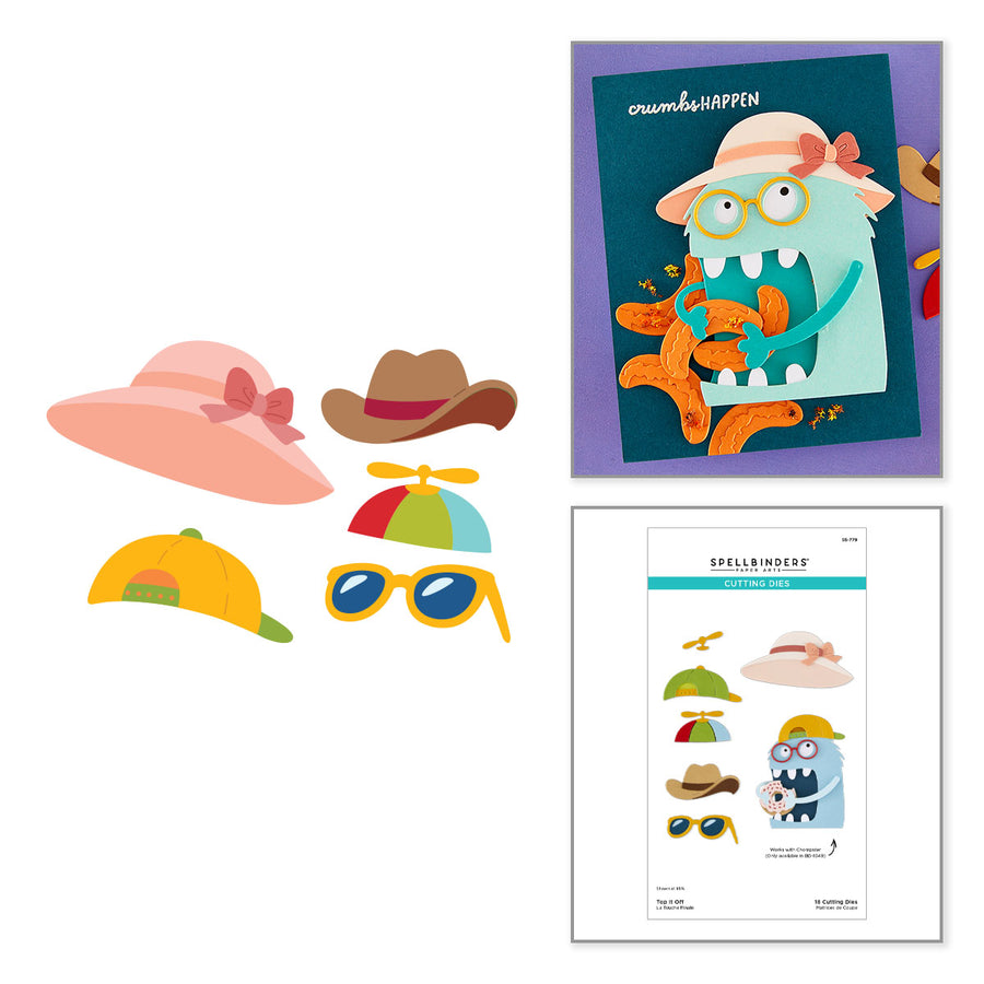 A flat lay of craft components on a white background, including a pink hat with a bow, a brown cowboy hat, a yellow-green cap, a rainbow sunhat, yellow sunglasses, and a printed sheet featuring a cartoon monster wearing the accessories. A larger preview of the finished design appears in the top right, and a smaller instruction sheet is in the bottom right. Spellbinders Top It Off Etched Dies