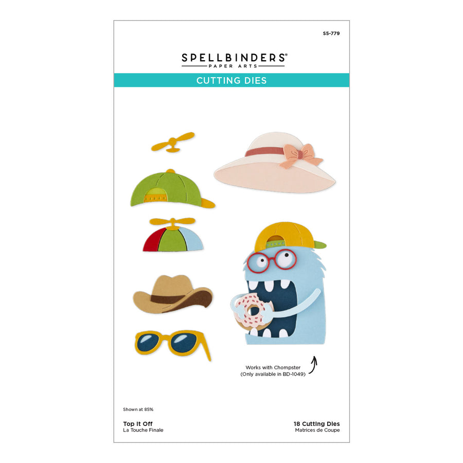 Spellbinders Paper Art 'Top It Off' cutting dies package, featuring colorful illustrated hat and sunglasses designs alongside a blue monster holding a donut, on a white background.