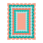 A flat graphic design of concentric rectangular borders with scalloped edges in coral pink, teal, light blue, and white on a plain white background. Spellbinders Ripple Rectangle Frames Etched Dies by Simon Hurley
