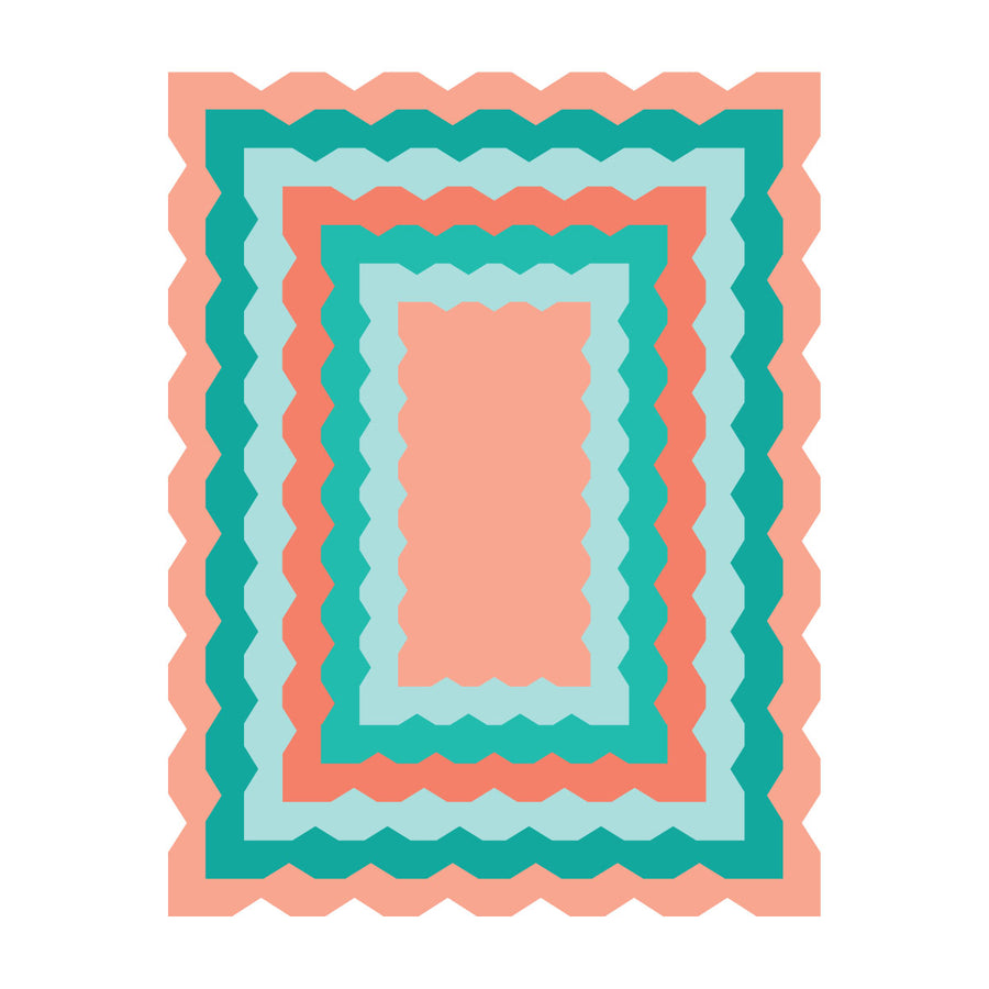 A flat graphic design of concentric rectangular borders with scalloped edges in coral pink, teal, light blue, and white on a plain white background. Spellbinders Ripple Rectangle Frames Etched Dies by Simon Hurley