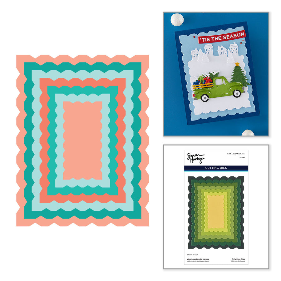 Layered scalloped paper cutting dies shown as a flat stack of pastel pink, teal, and light blue layers, alongside a sample layered card reading "TIS THE SEASON" and the product packaging card for Spellbinders Ripple Rectangle Frames Etched Dies by Simon Hurley