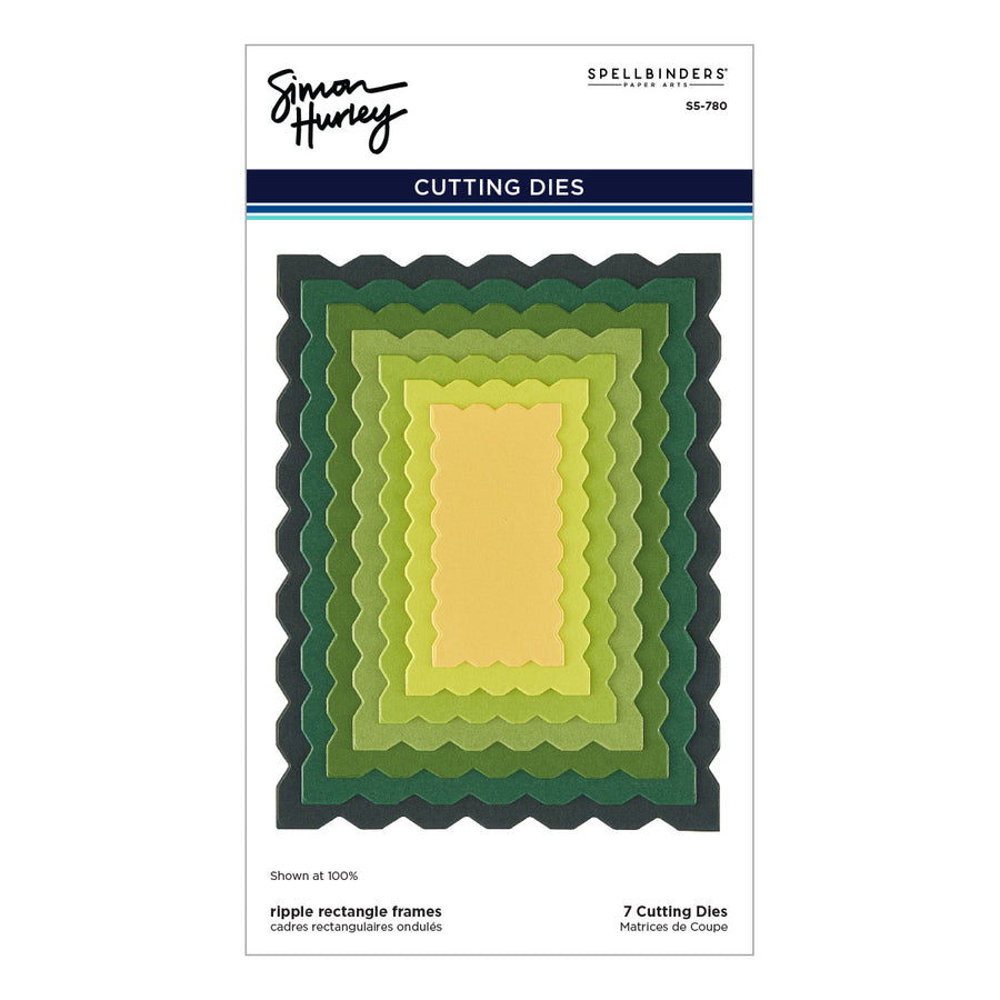 Spellbinders cutting dies set SS-780, featuring seven nested ripple rectangle frames in a gradient of yellow, green, and dark forest green, presented on its original white retail packaging. Spellbinders Ripple Rectangle Frames Etched Dies by Simon Hurley