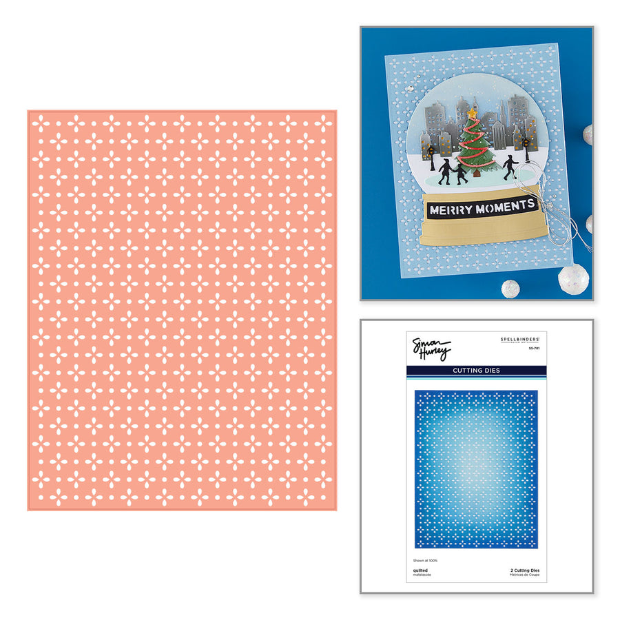 A crafting kit layout featuring a peach and white patterned cardstock sheet, a blue handmade holiday card with a snow globe design and 'MERRY MOMENTS' banner, and a package of blue geometric cutting dies.