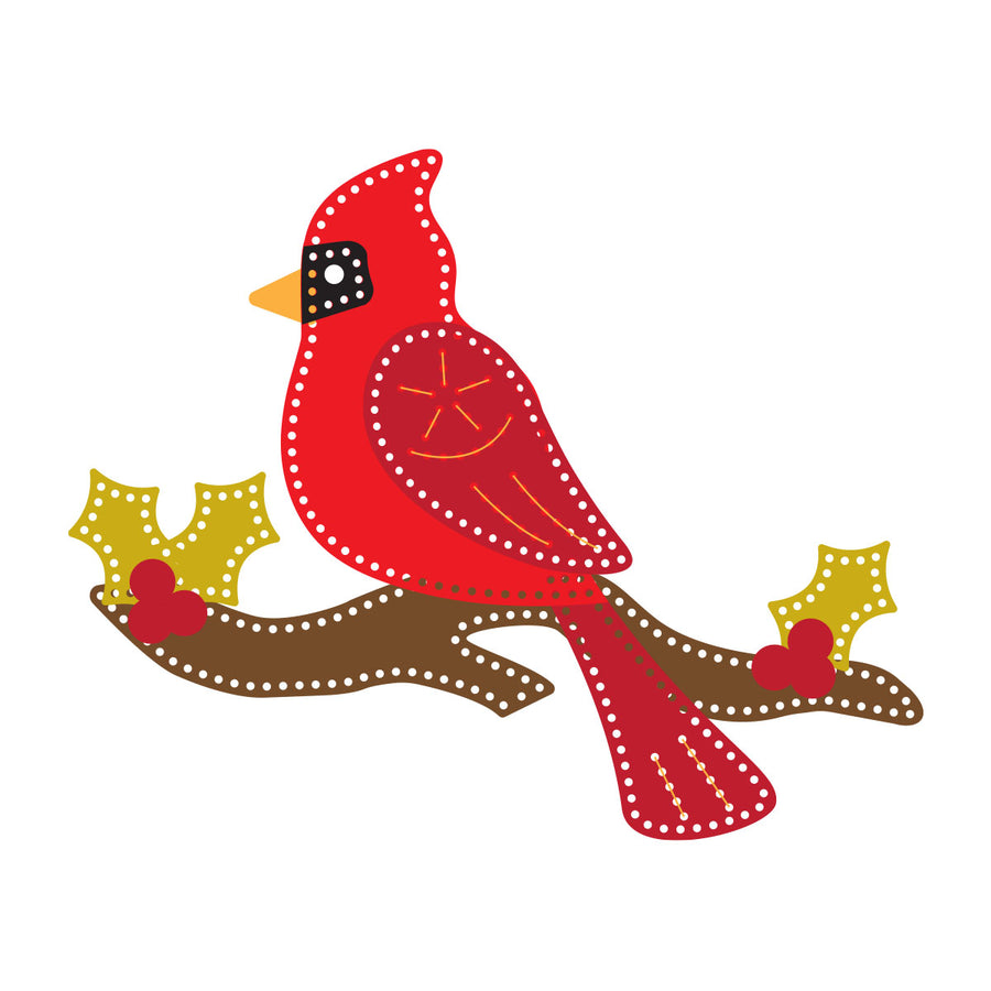 A stylized red cardinal bird with a yellow beak, black eye patch, and white dotted outlines, perched on a brown branch with yellow holly leaves and red berries on a white background. Spellbinders Felt Winter Cardinal Etched Dies by Nichol Spohr