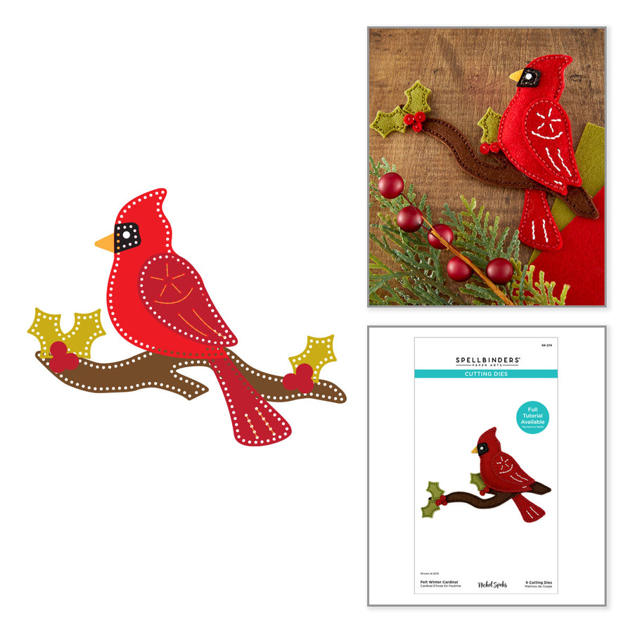 A felt bird craft kit shown on a white background, with a large flat lay of the red cardinal felt piece on a branch, a smaller inset photo of the felt bird styled with holiday greenery, and a package insert for Spellbinders Felt Winter Cardinal Etched Dies by Nichol Spohr