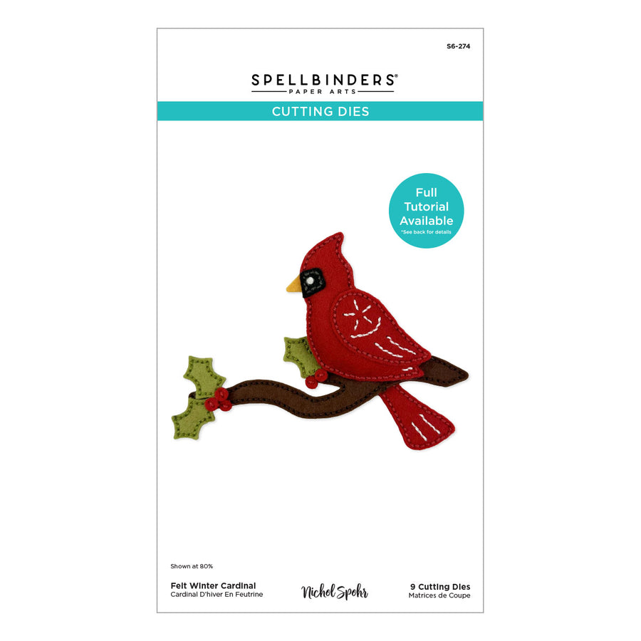Spellbinders Felt Winter Cardinal 9-cutting dies package, featuring a red cardinal on a brown branch with green holly leaves. The white package includes a teal 'Full Tutorial Available' badge and Spellbinders branding.