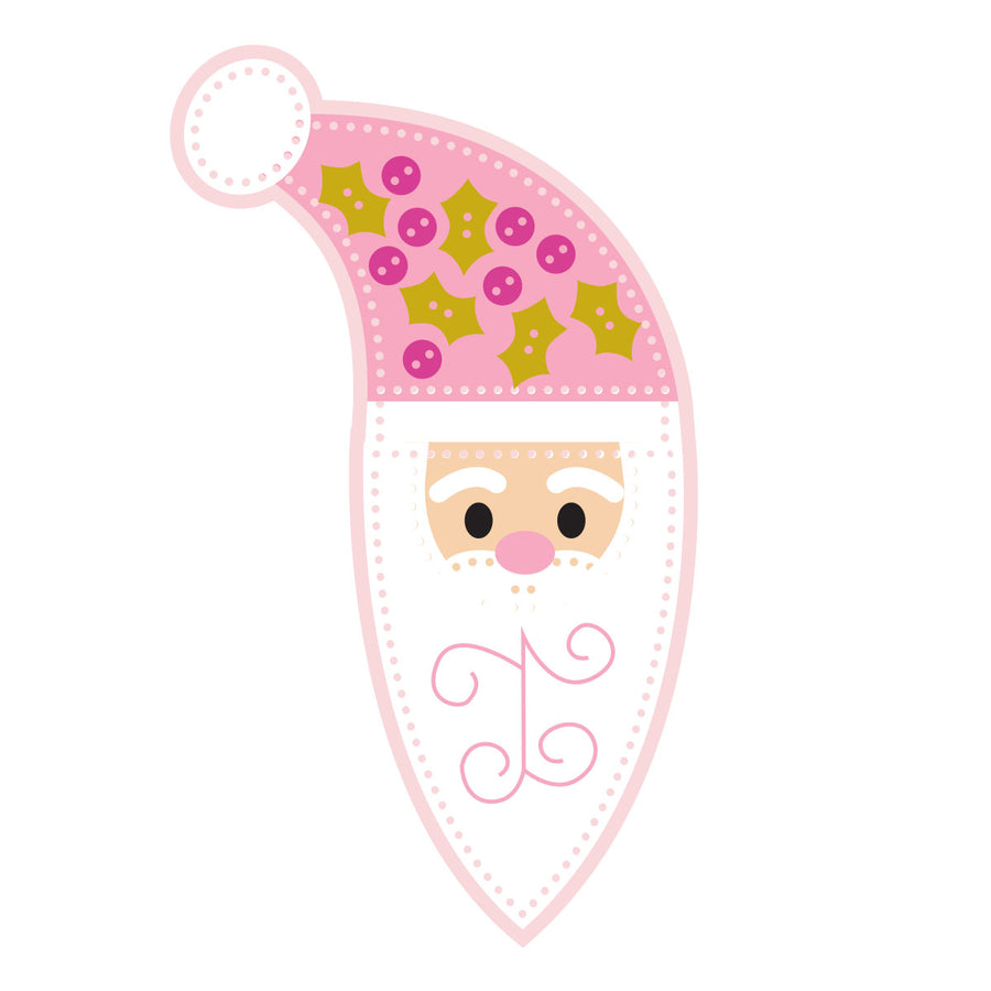 A festive Santa Claus face graphic wearing a pink Santa hat decorated with green holly leaves and pink berries, on a solid white background. Spellbinders Felt Vintage Santa Etched Dies by Nichol Spohr