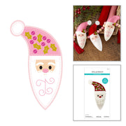 A collage showing a Santa stitching pattern design, three finished embroidered Santa hats in a basket, and the printed pattern package cover by Spellbinders Felt Vintage Santa Etched Dies by Nichol Spohr