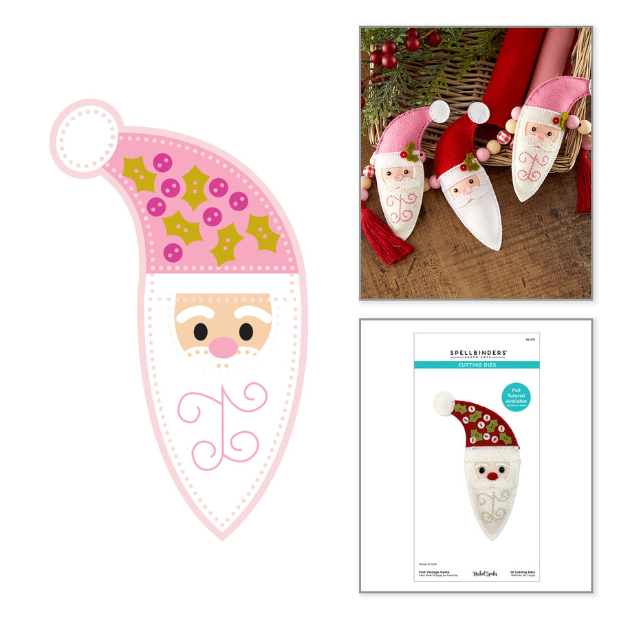 A collage showing a Santa stitching pattern design, three finished embroidered Santa hats in a basket, and the printed pattern package cover by Spellbinders Felt Vintage Santa Etched Dies by Nichol Spohr