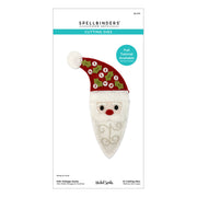 Spellbinders Paper Arts Cutting Dies featuring a vintage Santa patch design on a white backing card. The patch depicts a smiling Santa with a red hat decorated with green holly leaves and white ornaments, and a white beard. Spellbinders Felt Vintage Santa Etched Dies by Nichol Spohr